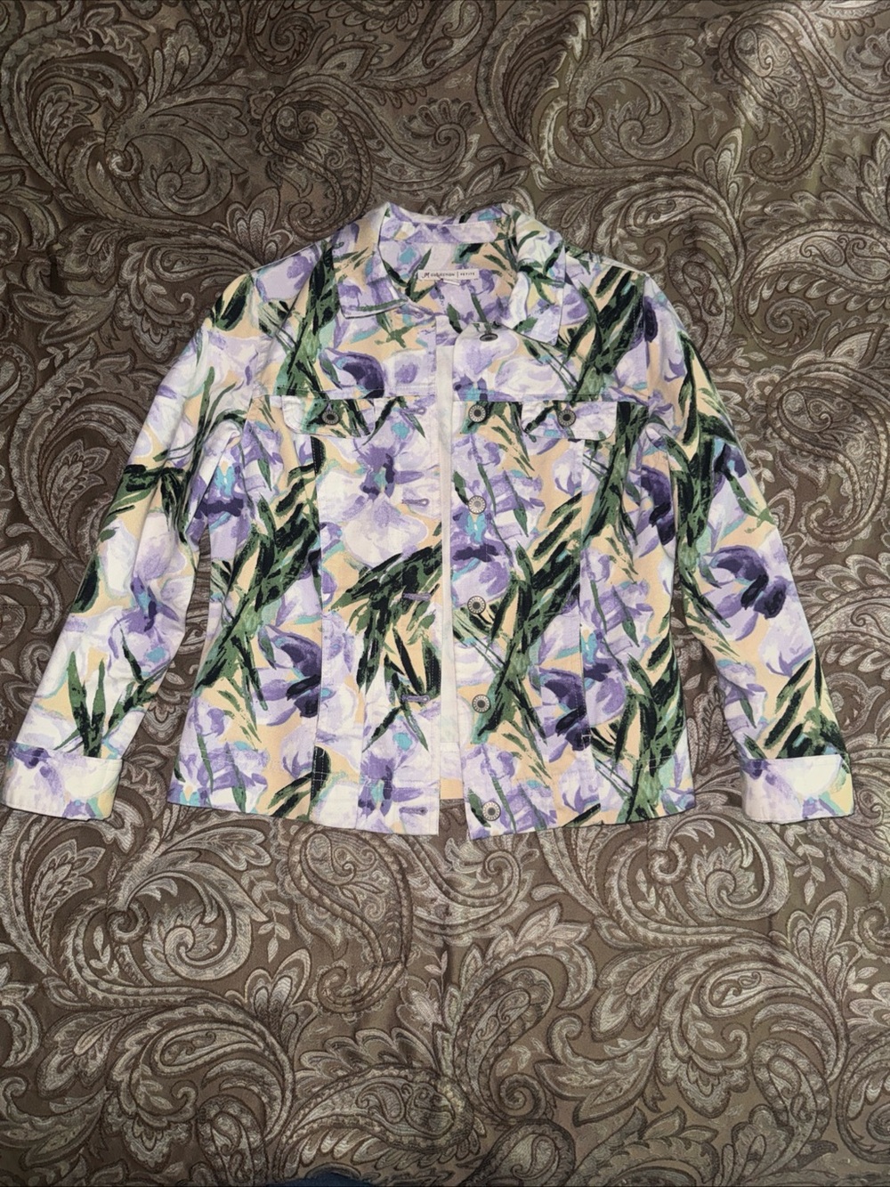 JM Collection Petite Floral Cotton Jacket Women’s 4P Purple Green Button Front